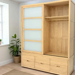 Olga Armoires Vintage|Armoires En Bois|Armoire Hévéa 2 portes coulissantes, 6 tiroirs 55x180x220cm