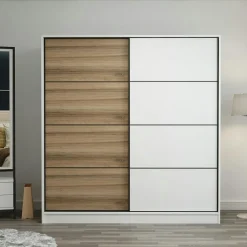 BYRON Armoires En Bois|Meubles De Chambre·Dressings|Armoire penderie à portes coulissantes, blanc & effet bois