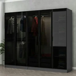 BYRON Armoires En Bois|Meubles De Chambre·Dressings|Armoire penderie 5 portes verre et cadre anthracite