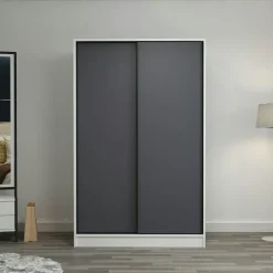 BYRON Armoires En Bois|Meubles De Chambre·Dressings|Armoire penderie blanche - portes coulissantes grises