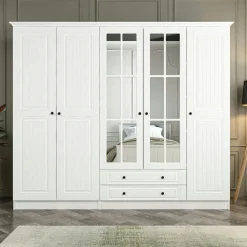 BYRON Armoires En Bois|Meubles De Chambre·Dressings|Armoire penderie blanche à moulures, 5 portes 2 miroirs