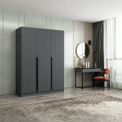 BYRON Armoires En Bois|Meubles De Chambre·Dressings|Armoire penderie design 3 portes grises rainurées