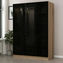 BYRON Meubles De Chambre·Dressings|Armoires En Bois|Armoire penderie design gris foncé, 3 portes vitrées