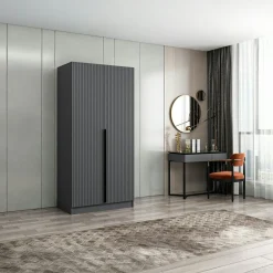 BYRON Armoires En Bois|Meubles De Chambre·Dressings|Armoire penderie design gris rainuré - 2 portes
