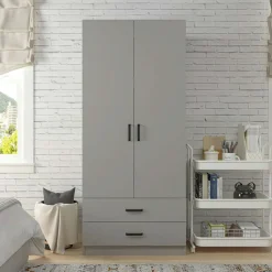 BYRON Armoires En Bois|Armoire penderie grise 2 portes 2 tiroirs 80 cm