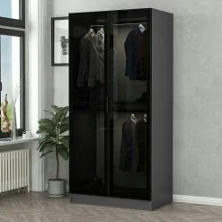 BYRON Armoires En Bois|Meubles De Chambre·Dressings|Armoire penderie grise vitrée - 2 portes H.210 cm