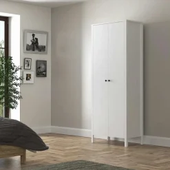 BYRON Armoires En Bois|Armoire penderie étroite blanche, 2 portes 1 étagère