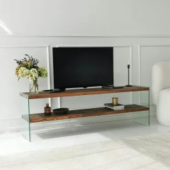 LHASA Meubles Tv En Bois|Banc TV en bois brun et verre - 2 niveaux, 140 cm
