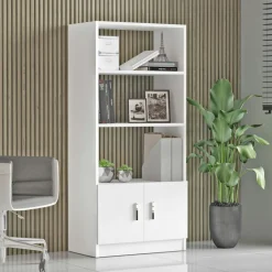 MARFA Bibliothèques En Bois|Bibliothèques En Bois|Bibliothèque blanche à rangement bas et poignées métal