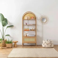 TANDI Bibliothèques En Bois|Bibliothèques En Bois|Bibliothèque cannage & effet bois ovale 4 étagères