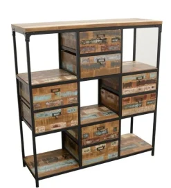 Loft / Loft Colors Etagères Industrielle|Bibliothèque Double Faces 8 tiroirs, 5 niches cubes en Hévéa recyclé coloré et métal 120x40x128cm LOFT COLORS