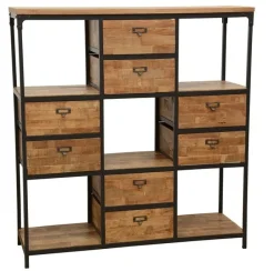 Loft / Loft Colors Etagères Industrielle|Bibliothèque Double Faces 8 tiroirs, 5 niches cubes en Hévéa recyclé naturel et métal 120x40x128cm LOFT