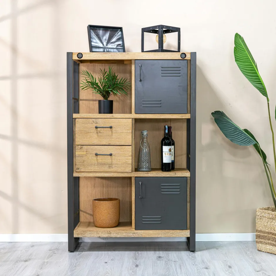 Brooklyn Etagères Industrielle|Bibliothèque Etagère Inspiration Indus' en Acacia et Métal, 5 plateaux et 1 tiroir métal 90x35x195cm