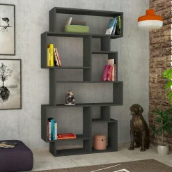 MARFA Bibliothèques En Bois|Bibliothèques En Bois|Bibliothèque gris foncé design à étagères décalées