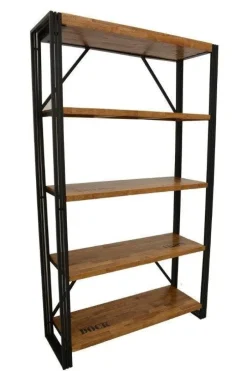 Docker Etagères Industrielle|Bibliothèque hévéa recyclé naturel et métal noirci 4 étagères 122X40X210cm