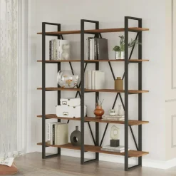 JENA Bibliothèques En Métal|Bibliothèques En Métal|Bibliothèque industrielle effet bois foncé, dos croisé