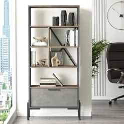 JENA Bibliothèques En Bois|Bibliothèques En Bois|Bibliothèque industrielle effet bois & métal 1 porte