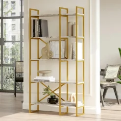 JENA Bibliothèques En Métal|Bibliothèques En Métal|Bibliothèque salon chic effet marbre blanc et métal doré