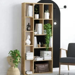 MARFA Bibliothèques En Bois|Bibliothèques En Bois|Bibliothèque salon effet bois clair 12 niches