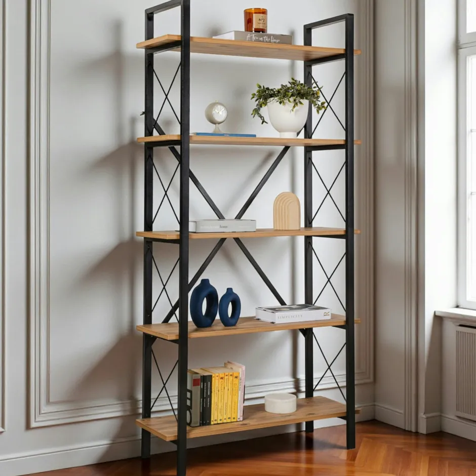 JENA Bibliothèques En Métal|Bibliothèques En Métal|Bibliothèque étagère dorée, 5 plateaux blancs