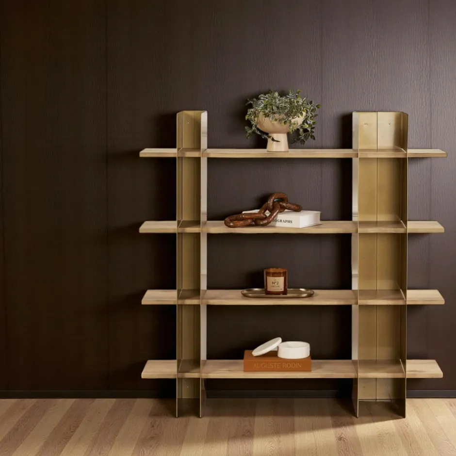 JENA Bibliothèques En Métal|Bibliothèques En Métal|Bibliothèque étagère moderne 4 plateaux - niches dorées