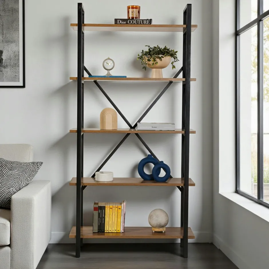 JENA Bibliothèques En Métal|Bibliothèques En Métal|Bibliothèque étagère noire, 5 plateaux effet noyer