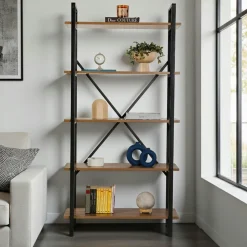 JENA Bibliothèques En Métal|Bibliothèques En Métal|Bibliothèque étagère noire, 5 plateaux effet pin