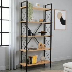 JENA Bibliothèques En Métal|Bibliothèques En Métal|Bibliothèque étagère noire, 5 plateaux effet chêne clair