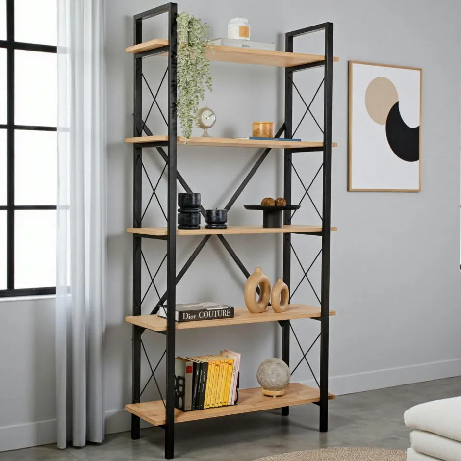 JENA Bibliothèques En Métal|Bibliothèques En Métal|Bibliothèque étagère noire, 5 plateaux effet chêne clair