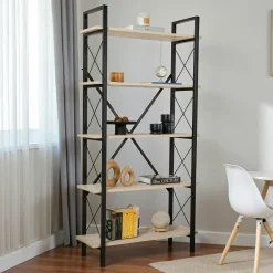 JENA Bibliothèques En Métal|Bibliothèques En Métal|Bibliothèque étagère noire, 5 plateaux effet travertin