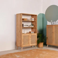 MARFA Bibliothèques En Bois|Bibliothèques En Bois|Bibliothèque vintage effet bois - 2 portes cannage