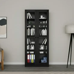 SALTA Bibliothèques En Bois|Bibliothèques En Bois|Bibliothèque vitrine noire, 6 étagères réglables