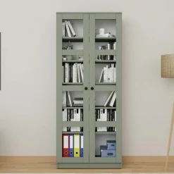 SALTA Bibliothèques En Bois|Bibliothèques En Bois|Bibliothèque vitrine vert sauge, 6 étagères réglables