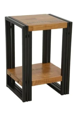 Docker Bouts De Canapé Industriels|Bouts De Canapé En Métal|Bout de canapé / Table d'appoint hévéa recyclé naturel et métal noirci 2 plateaux 50X40X50cm