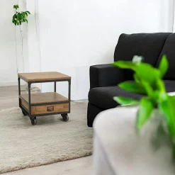 Loft / Loft Colors Tables De Chevet Industrielles|Bout de Canapé / Table de Chevet à roulettes 1 tiroir, double plateaux en Hévéa recyclé naturel et métal 50x50x55cm LOFT