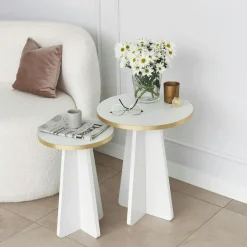 MARFA Tables Basses Rondes|Tables Basses Gigognes|Bout de canapé blanc pieds trapèze - 2 pièces