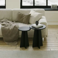 MARFA Tables Basses Rondes|Tables Basses Gigognes|Bout de canapé blanc pieds trapèze - 2 pièces