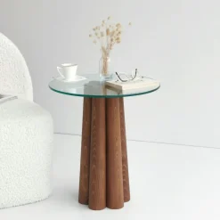 ANZIO Bouts De Canapé En Bois|Bout de canapé en verre et bois brun - base sculptée