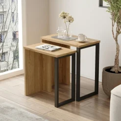 JENA Bouts De Canapé En Métal|Bouts De Canapé En Bois|Bout de canapé gigogne effet bois clair (lot de 2)