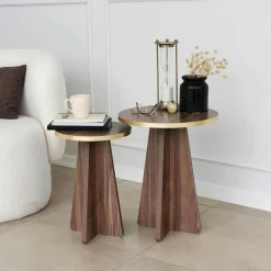 MARFA Tables Basses Rondes|Tables Basses Gigognes|Bout de canapé moderne effet noyer - pieds trapèze, 2 pièces