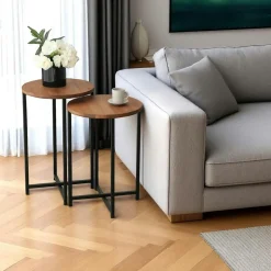 LINARES Sellettes En Métal|Tables D'Appoint Rondes|Bout de canapé rond - bois brun, métal (lot de 2)