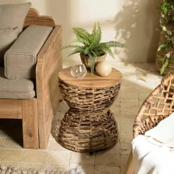 Swing Univers Déco·Globe-Trotter|Bouts De Canapé En Bois|Bout de canapé rond en rotin beige plateau bois 41 cm