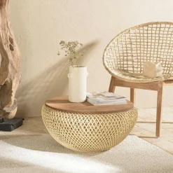Swing Univers Déco·Globe-Trotter|Bouts De Canapé En Bois|Bout de canapé rond en rotin beige plateau bois 41 cm