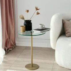 TULUM Bouts De Canapé En Métal|Bout de canapé rond en verre, pied métal doré Ø40 cm