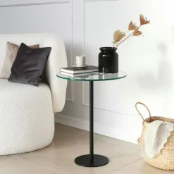 TULUM Bouts De Canapé En Métal|Bout de canapé rond en verre, pied métal noir Ø40 cm