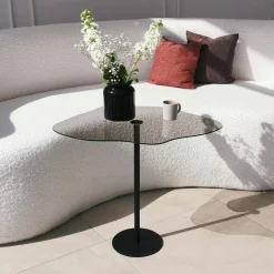 TULUM Bouts De Canapé En Métal|Bout de canapé rond en verre, pied métal noir Ø40 cm