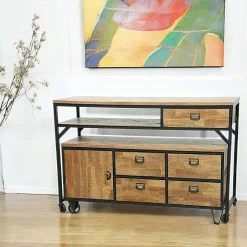 Loft / Loft Colors Buffets Vintage|Buffets Vintage|Buffet / Console à roulettes en 2 parties, 4 + 1 tiroirs, 1 porte en Hévéa recyclé naturel et métal 150x53x97cm LOFT