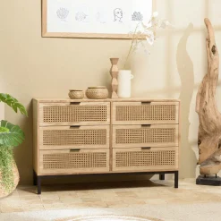 PALMA Buffets Scandinaves|Buffets Scandinaves|Buffet bas 3 portes cannage naturel pieds métal