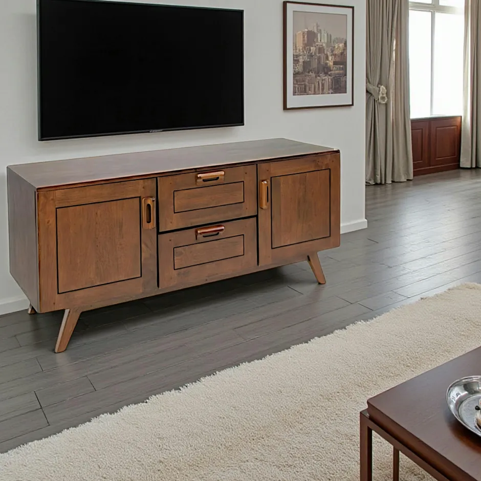 Sixties Meubles Tv Vintage|Meubles Tv En Bois|Buffet bas vintage hévéa massif 130x42x60cm