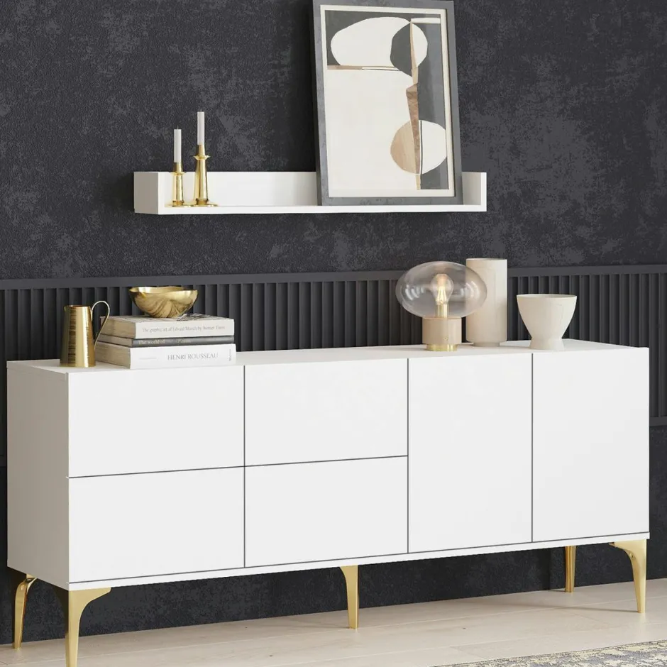 JENA Buffets Contemporains|Buffets Contemporains|Buffet blanc moderne chic à pieds dorés, 6 portes
